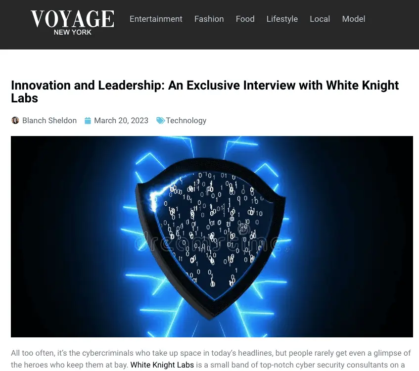 Screenshot of article about the Innovation and Leadership of White Knight Labs