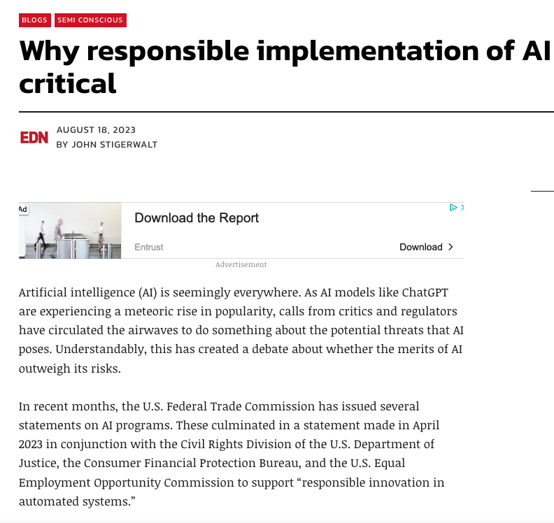 Screengrab of article written by John Stigerwalt, co founder of WKL about the importance of responsible implementation of AI