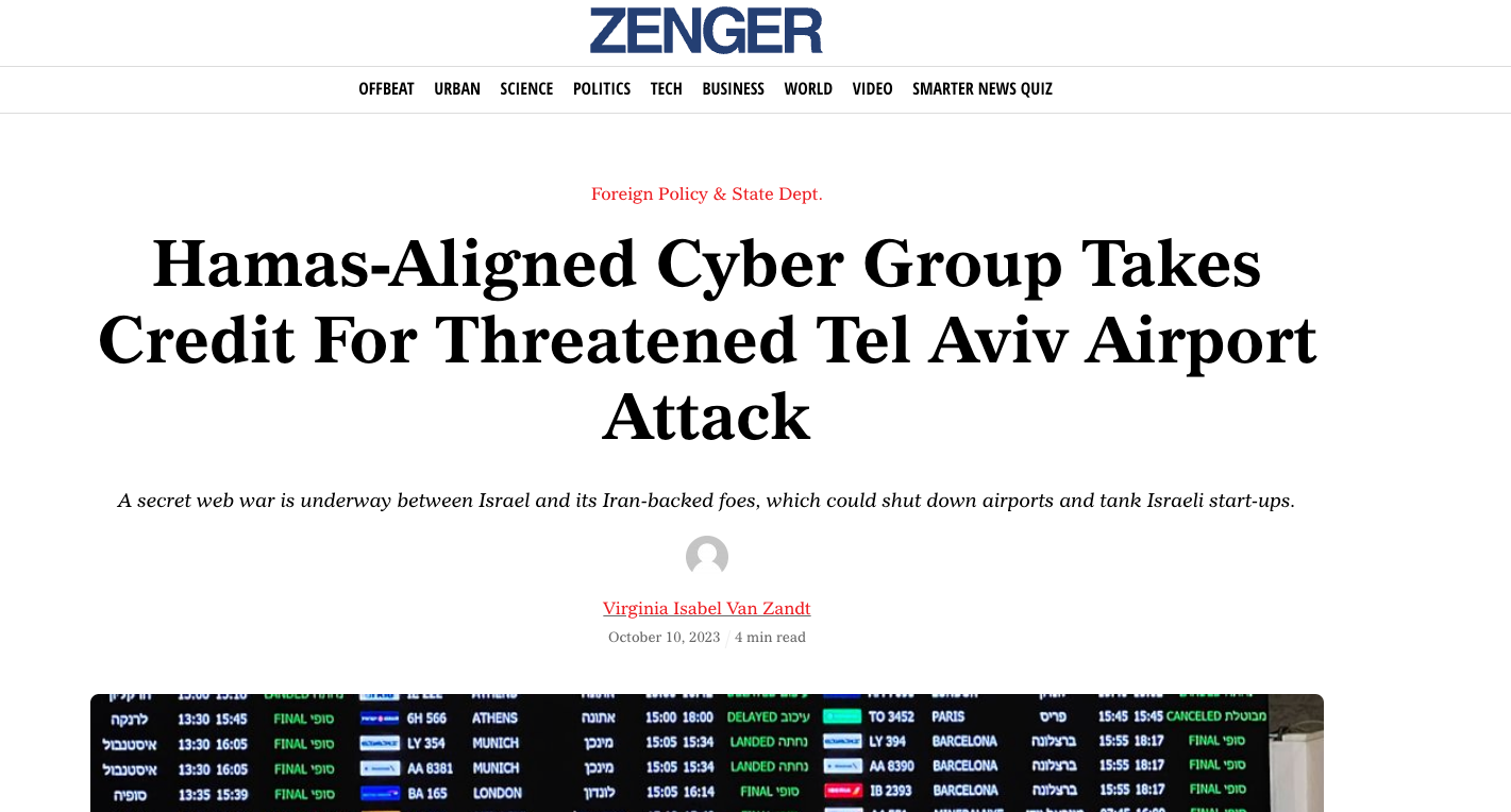 Article on Zenger about Hamas Aligned Cyber Group