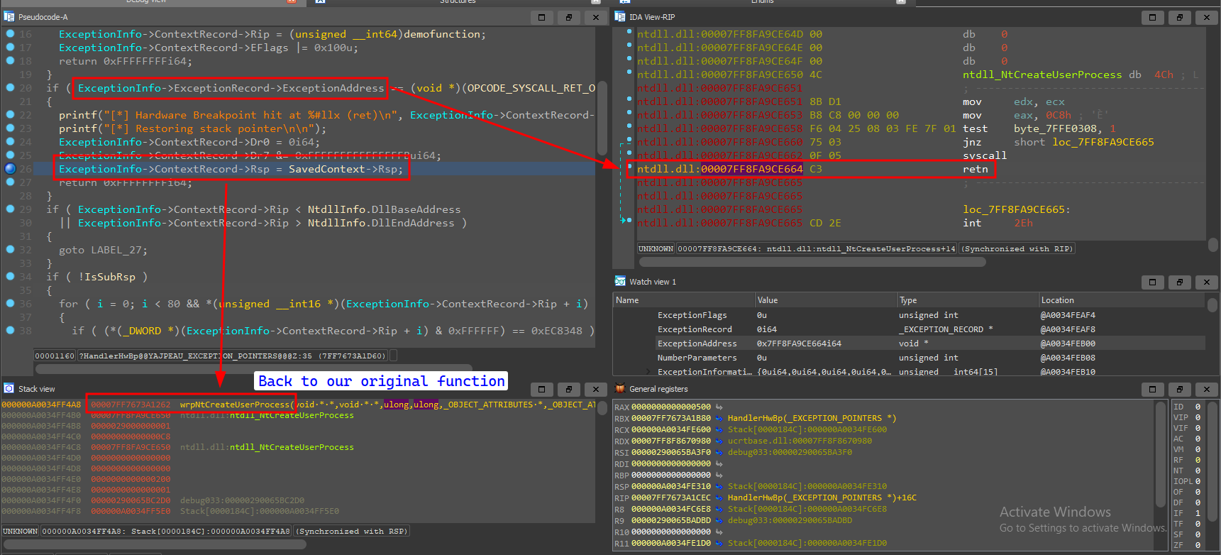 Changing the stack to point back to our original function by modifying the RSP at ret breakpoint